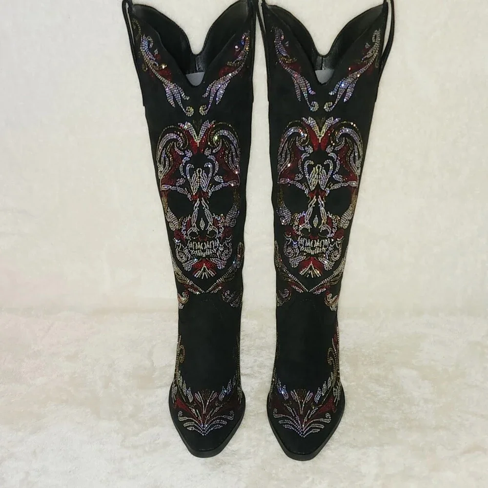 NIB MUERTO Goth Western Cowgirl Boots Sparkling Iridescent Rhinestones Skull - Picture 14 of 16